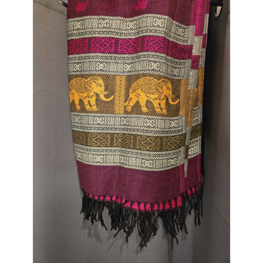 Pashmina Cashmere Shawl Wrap Scarf Pink Gold Black Fringe Elephants - Picture 6 of 6